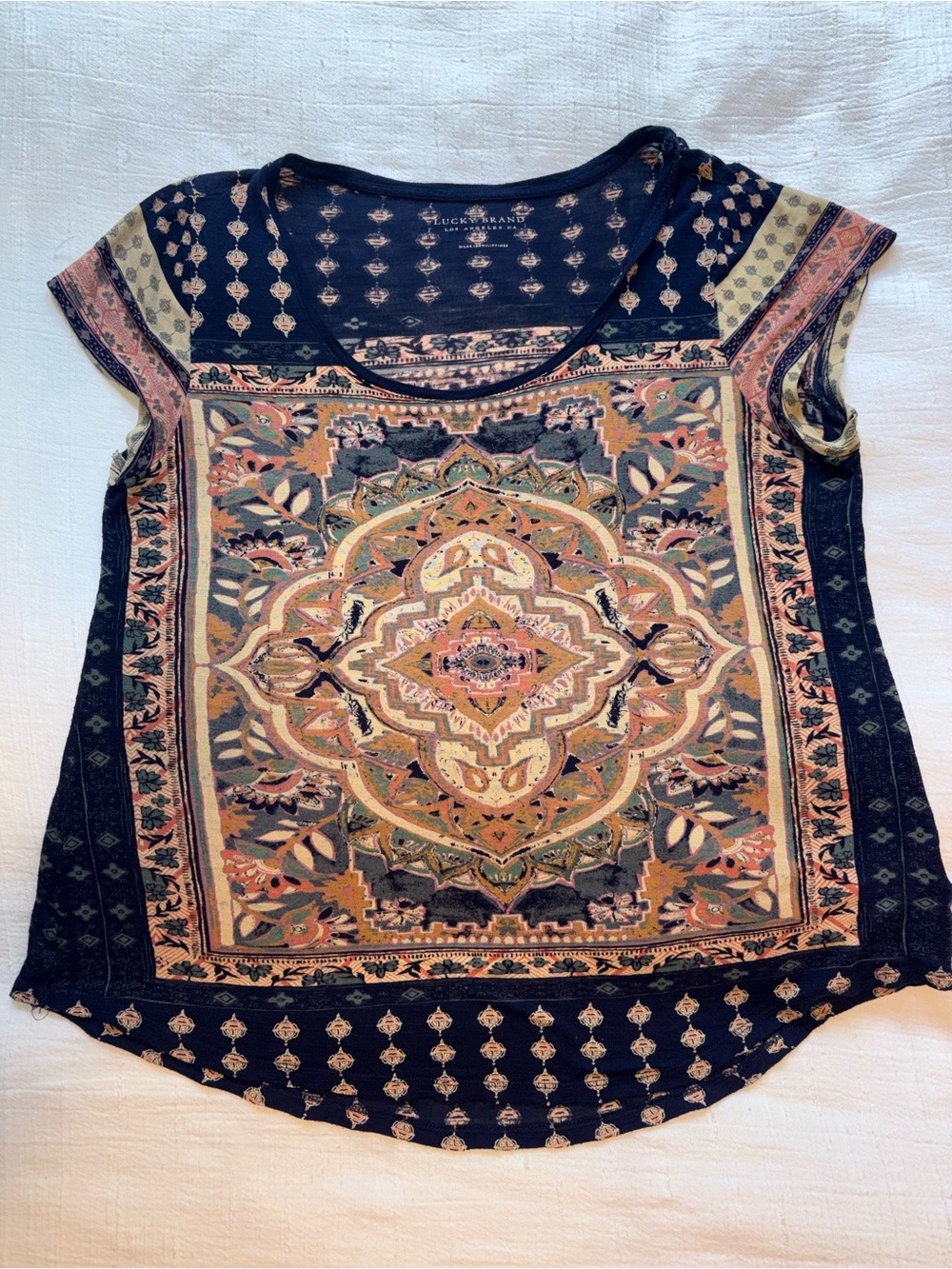 Lucky Brand Navy Medallion Cap-Sleeve Tee with Pink and Gold Accents